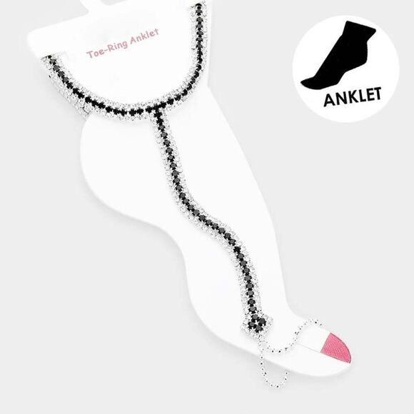 Anklet Black Rhinestone Silver Net Toe Ring - Picture 1 of 6
